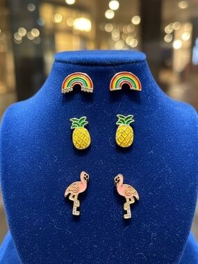 Kids Rainbow, Pineapple & Flamingo Earring Set - Pink, Yellow, Green, Multicolor